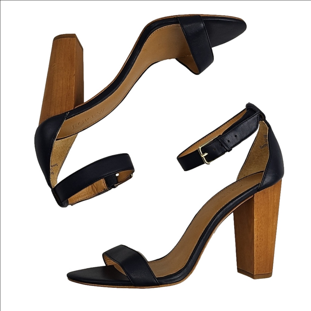 J. Crew Leather Navy Blue Open Toe Ankle Strap Wooden Block Heel Sandal